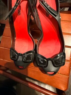 Rare Melissa & Karl Lagerfeld Black Patent Peep-Toe Slingback